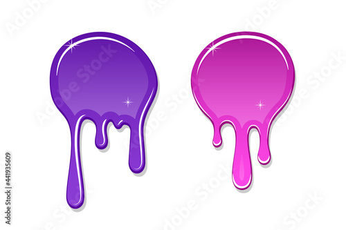 Drip paint spot 3D set isolated white background. Pink, violet ink splash. Splatter stain texture. Dribble down design. Flow art material. Liquid drop. Fluid splash stain liquid Vector illustration