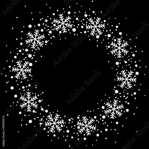 Snow border circle frame. Christmas texture, isolated on black background. Snowflake abstract effect. Holiday border, silver glitter. Blizzard design. Winter snow fall decoration Vector illustration