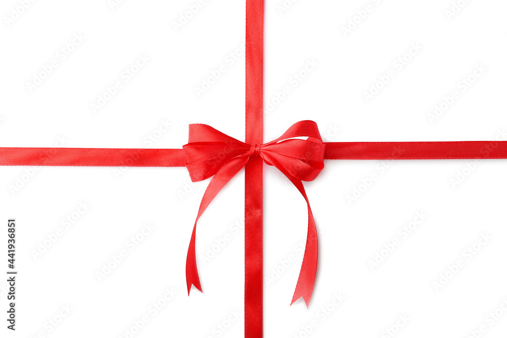 Red bow and ribbon on white background, top view Red bow and ribbon on white background, top view
