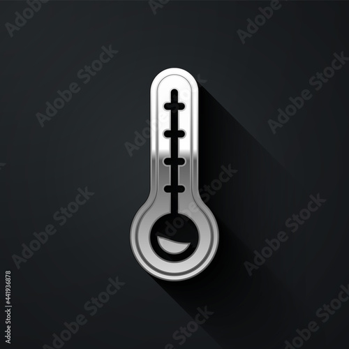 Silver Meteorology thermometer measuring heat and cold icon isolated on black background. Thermometer equipment showing hot or cold weather. Long shadow style. Vector