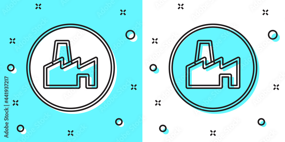 Black line Factory production icon isolated on green and white background. Industrial building. Random dynamic shapes. Vector Black line Factory production icon isolated on green and white background. Industrial building. Random dynamic shapes. Vector