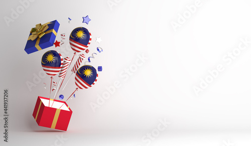 Malaysia independence day decoration background with balloon gift box, firework rocket, confetti, copy space text, 3D rendering illustration photo