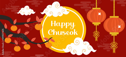 Happy Chuseok, Mid autumn festival card, poster template for your design. Persimmons Tree Branch, Korean Thanksgiving and Harvest Festival. Vector illustration