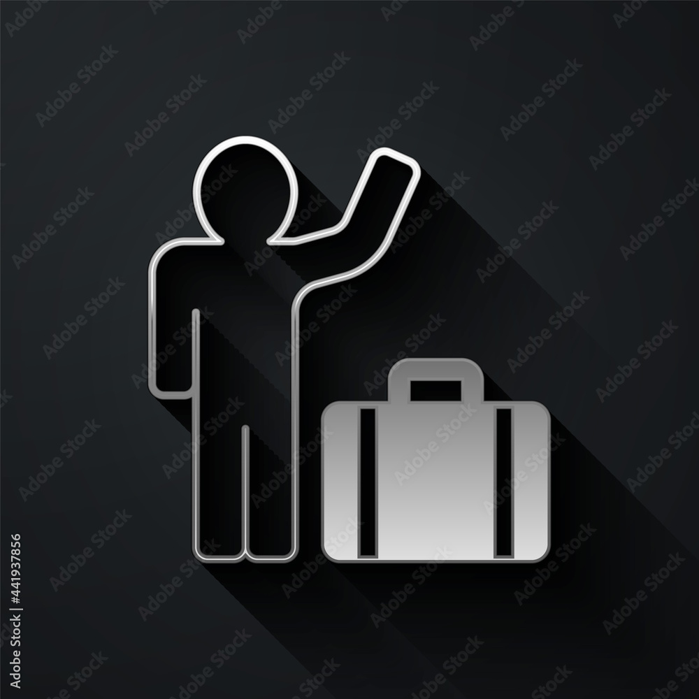 Silver Tourist with suitcase icon isolated on black background. Travelling, vacation, tourism concept. Long shadow style. Vector Silver Tourist with suitcase icon isolated on black background. Travelling, vacation, tourism concept. Long shadow style. Vector