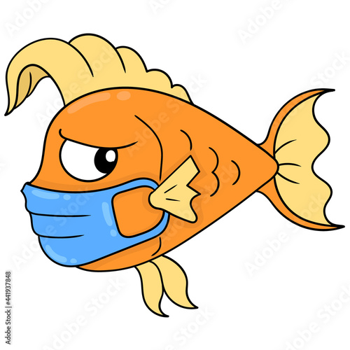 A wary faced goldfish wears a mask to maintain health, doodle icon image kawaii