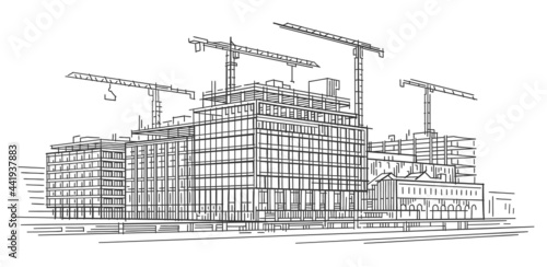 Construction site line sketch, hand-drawn, vector.	
