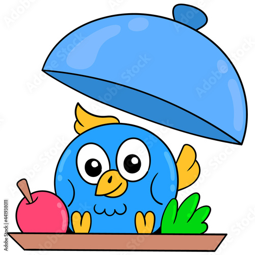 cute blue bird is in the food served, doodle icon image kawaii