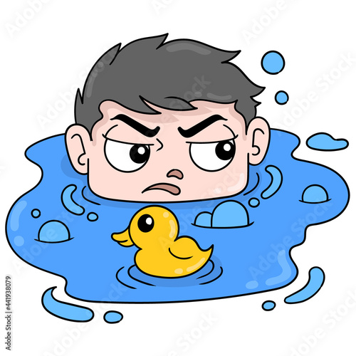 lazy faced boy soaking in the water with a toy duck, doodle icon image kawaii