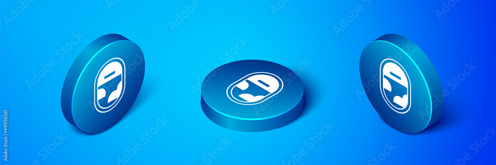 Isometric Airplane window icon isolated on blue background. Aircraft porthole. Blue circle button. Vector Isometric Airplane window icon isolated on blue background. Aircraft porthole. Blue circle button. Vector