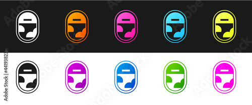Set Airplane window icon isolated on black and white background. Aircraft porthole. Vector