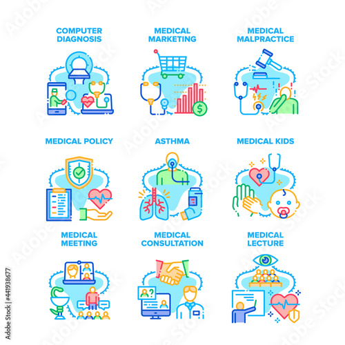 Fototapeta Naklejka Na Ścianę i Meble -  Medical Meeting Set Icons Vector Illustrations. Medical Meeting And Marketing, Malpractice And Policy, Asthma Disease And Treatment, Kids Consultation And Educational Lecture Color Illustrations