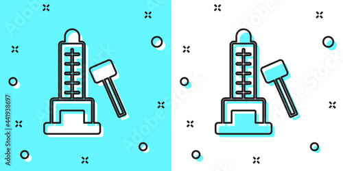 Black line High striker attraction with big hammer icon isolated on green and white background. Attraction for measuring strength. Amusement park. Random dynamic shapes. Vector