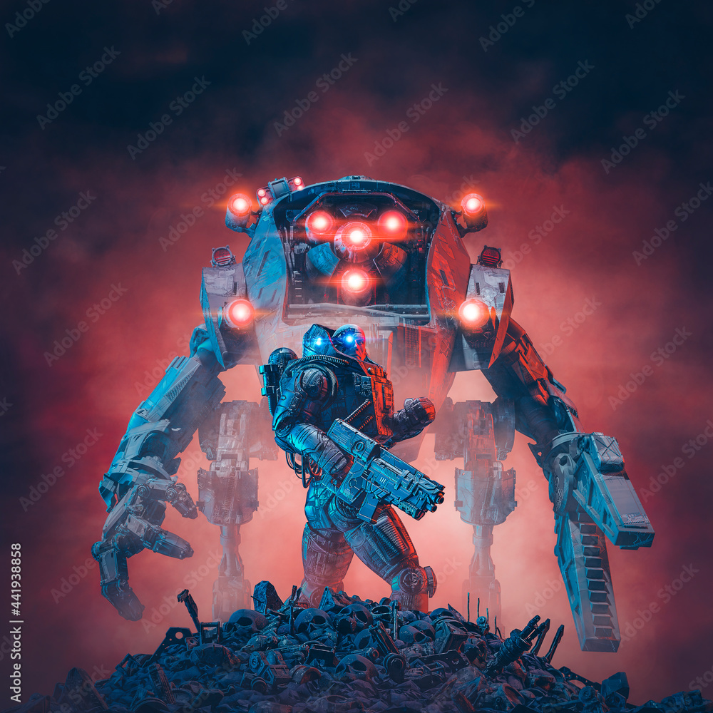 Space soldier robot / 3D illustration of science fiction military warrior and giant robotic mecha standing on field with ominous red sky background | Adobe Stock