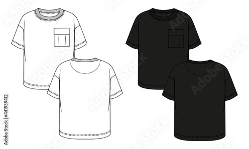 Basic Tee shirt with pocket For kids fashion flat Sketch vector technical drawing template Front and back view black and white color. Blank flat Short sleeve t-Shirt design vector illustration.