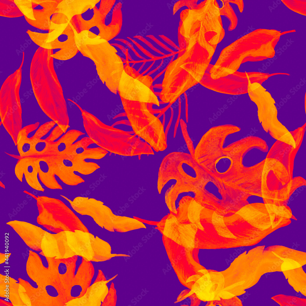 Fototapeta premium Monstera Pattern Illustration. Pink Seamless Background. Nature Plant. Purple Watercolor Plant. Tropical Textile. Floral Texture. Summer Leaves.Isolated Texture.