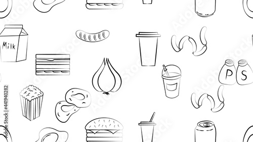 Black and white endless seamless pattern of food and snack items icons set for restaurant bar cafe: sandwich, burger, soda, drink, popcorn, lemonade, sausage. The background