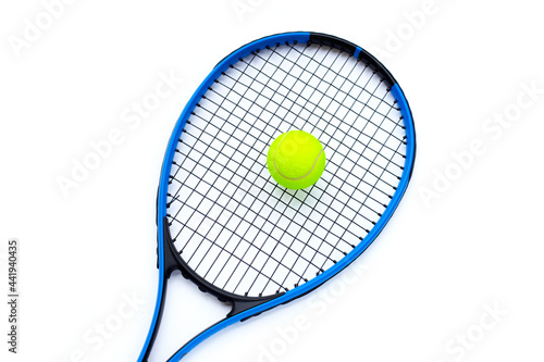 Tennis racket with ball on white. © Bowonpat