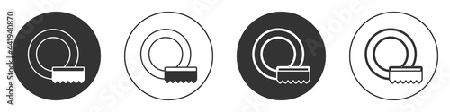 Black Washing dishes icon isolated on white background. Cleaning dishes icon. Dishwasher sign. Clean tableware sign. Circle button. Vector