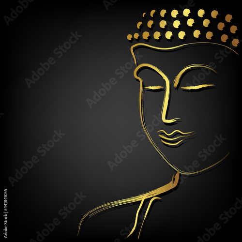 Golden buddha head with golden border element isolate on black
