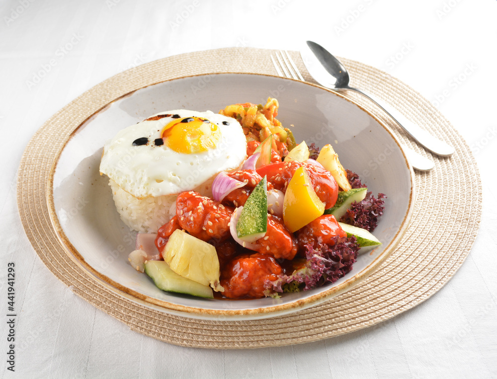 popular chef cook fried sweet and sour chicken with vegetables serve with steam white rice asian halal menu popular chef cook fried sweet and sour chicken with vegetables serve with steam white rice asian halal menu