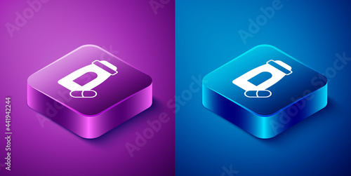 Isometric Sedative pills icon isolated on blue and purple background. Square button. Vector
