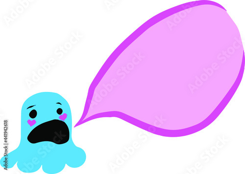 halloween specter spook surprised displeased blue monster with blush cheeks with pink speech bubble