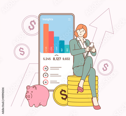 Finance strategy, working, business analyse app. Young smiling businesswoman cartoon character sitting and calculating incomes expenditure analyzing investment data statistics.