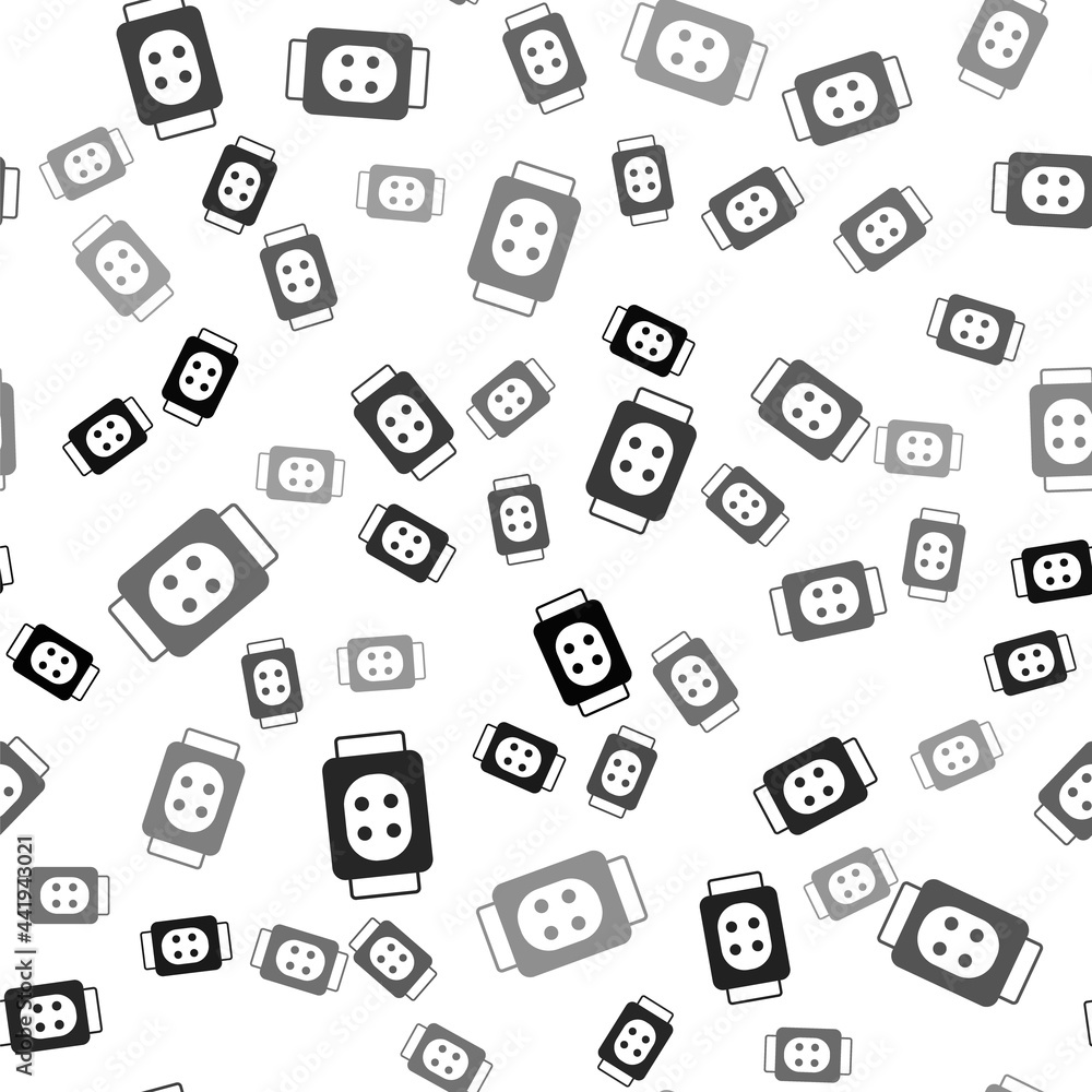 Black Knee pads icon isolated seamless pattern on white background. Extreme sport. Skateboarding, bicycle, roller skating protective gear. Vector
