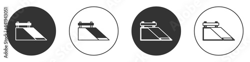 Black Skate park icon isolated on white background. Set of ramp, roller, stairs for a skatepark. Extreme sport. Circle button. Vector
