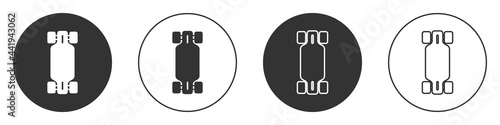 Black Longboard or skateboard cruiser icon isolated on white background. Extreme sport. Sport equipment. Circle button. Vector
