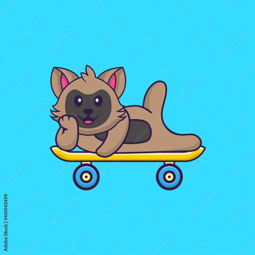 Cute cat lying on a skateboard. Animal cartoon concept isolated. Can used for t-shirt, greeting card, invitation card or mascot. Flat Cartoon Style