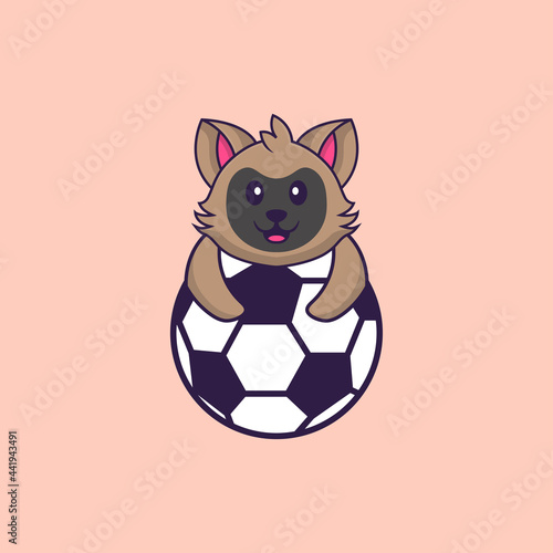 Cute cat playing soccer. Animal cartoon concept isolated. Can used for t-shirt  greeting card  invitation card or mascot. Flat Cartoon Style