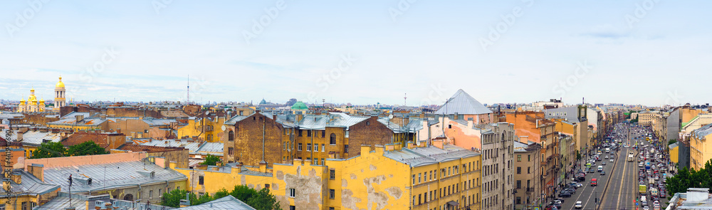 Panoramic top view of the historical center, roofs of Saint Petersburg. Ligovsky Avenue in Saint Petersburg, Russia
