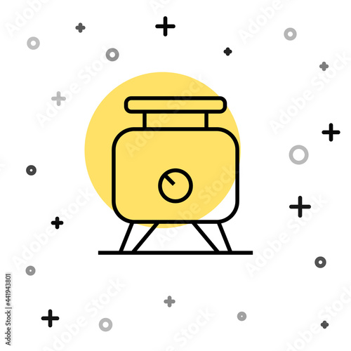 Black line Metal tank with grape juice as alcoholic fermentation icon isolated on white background. Random dynamic shapes. Vector