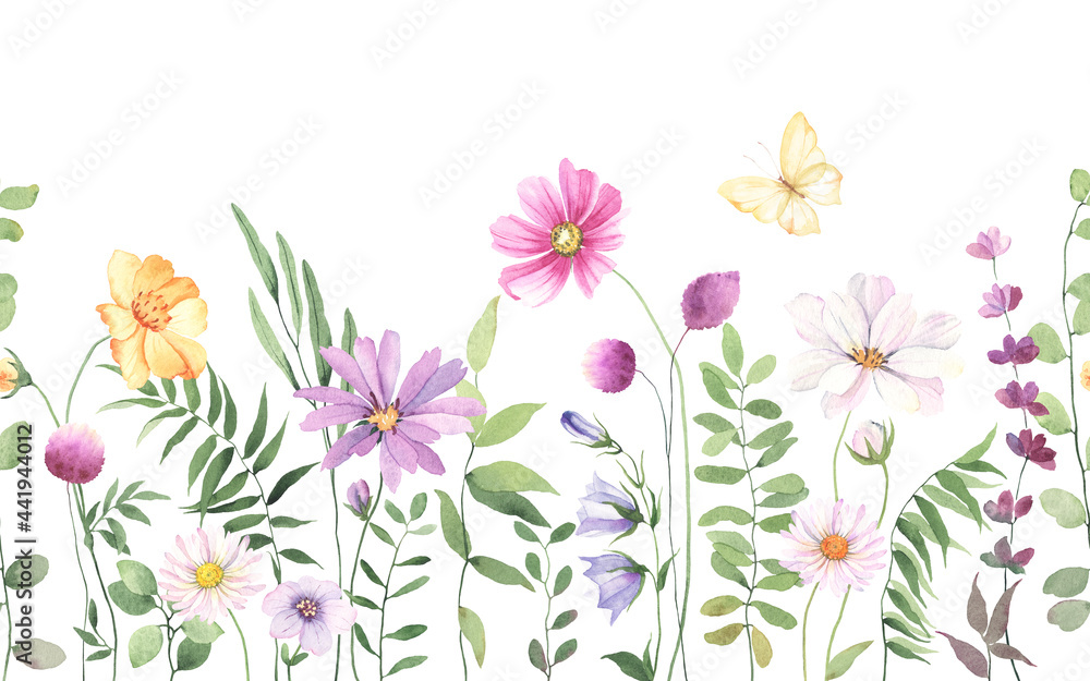 Obraz premium Wildflowers, green wild plants and flying butterfly, floral seamless pattern with colorful flowers, watercolor horizontal border isolated on white background, hand painting illustration summer meadow 