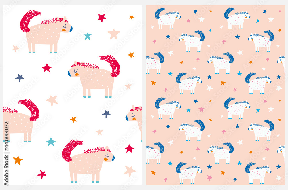Lovely Seamless Vector Pattern with Sweet Pony and Stars on a White and Blush Pink Background. Hand Drawn Infantile Style Print with Little Horses on a Starry Sky. Repeatable Nursery Design. Lovely Seamless Vector Pattern with Sweet Pony and Stars on a White and Blush Pink Background. Hand Drawn Infantile Style Print with Little Horses on a Starry Sky. Repeatable Nursery Design.