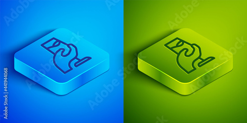 Isometric line Wine tasting, degustation icon isolated on blue and green background. Sommelier. Smells of wine. Square button. Vector