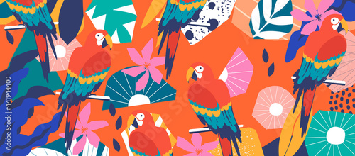 Tropical flowers and leaves poster background with parrots. Colorful summer vector illustration design. Exotic tropical art print for travel and holiday  fabric and fashion