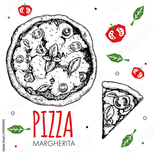 Hand drawn pizza Margherita design template. Sketch style traditional Italian food. Doodle flat vegetables. Whole pizza and slice. Best for menu, poster and flyers design. Vector illustration.