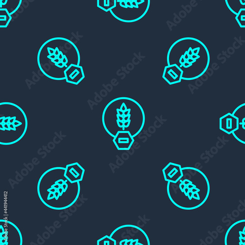 Green line Gluten free grain icon isolated seamless pattern on blue background. No wheat sign. Food intolerance symbols. Vector