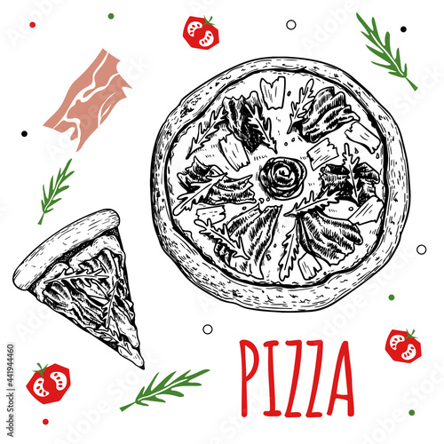 Hand drawn Prosciutto Crudo pizza design template. Sketch style traditional Italian food. Doodle flat ingredients. Whole pizza and slice. Best for menu, poster and flyers design. Vector illustration.