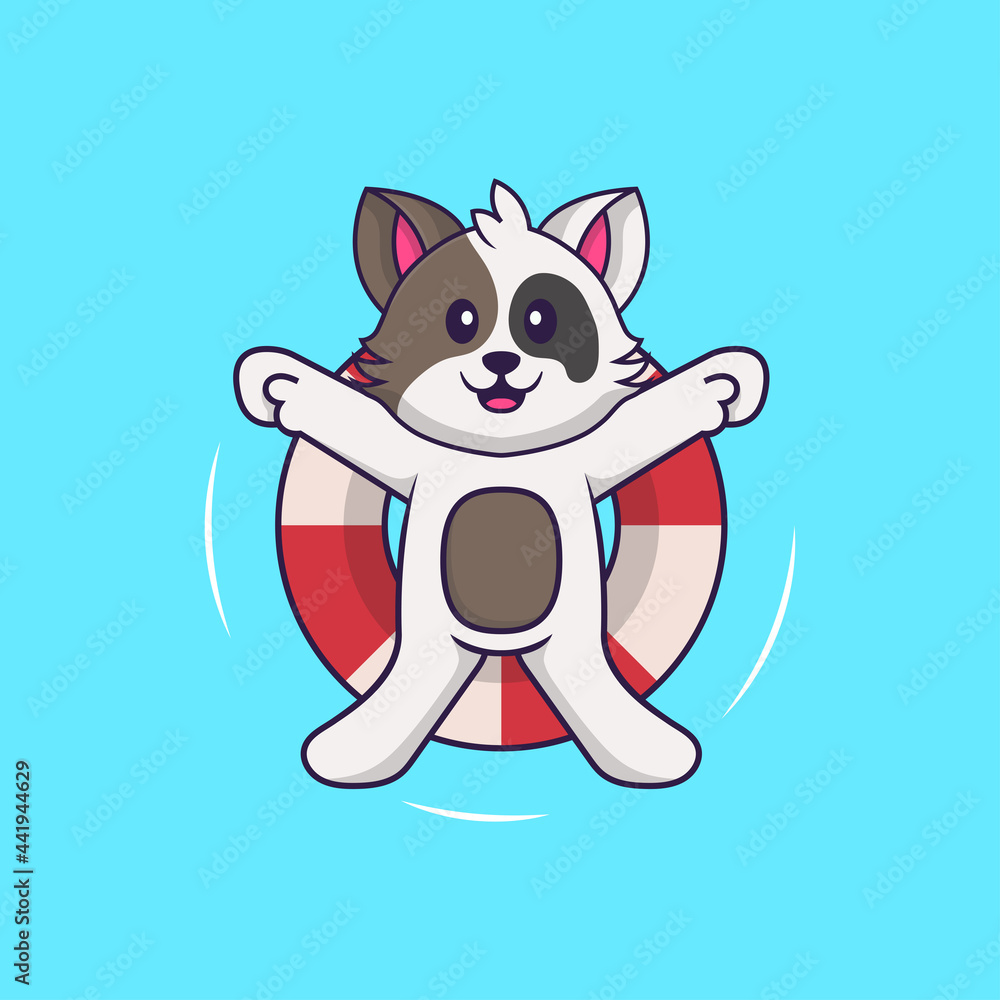 Cute cat is Swimming with a buoy. Animal cartoon concept isolated. Can used for t-shirt, greeting card, invitation card or mascot. Flat Cartoon Style Cute cat is Swimming with a buoy. Animal cartoon concept isolated. Can used for t-shirt, greeting card, invitation card or mascot. Flat Cartoon Style