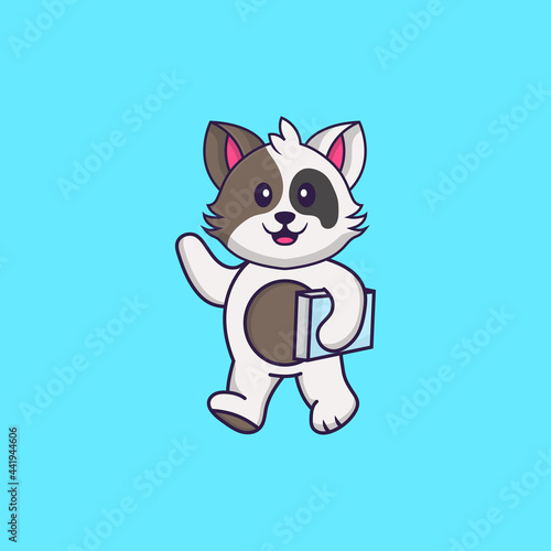Cute cat holding a book. Animal cartoon concept isolated. Can used for t-shirt, greeting card, invitation card or mascot. Flat Cartoon Style