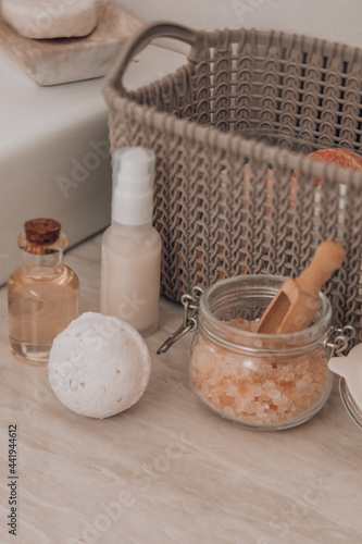 The bath bomb and other spa products in the bathroom