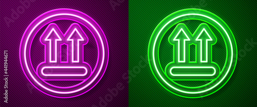 Glowing neon line Washing under 90 degrees celsius icon isolated on purple and green background. Temperature wash. Vector