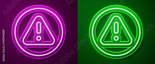 Glowing neon line Exclamation mark in triangle icon isolated on purple and green background. Hazard warning sign, careful, attention, danger warning important. Vector