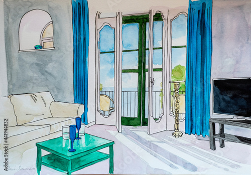 Watercolour painting of a French windows overlooking the bay of Positano