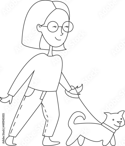 vector line illustration with cute girl walking with dog on the leash isolated on white