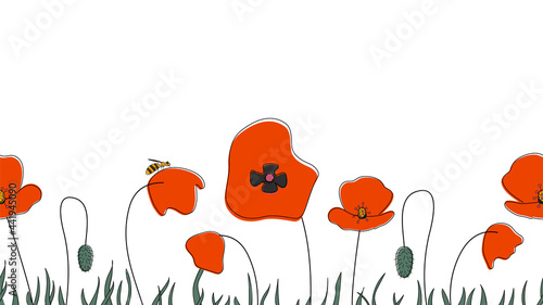 Seamless border of poppies hand drawn in simplified children cartoon naive style on white background.Cute bee sitting on flower.For design of website or shop for spring or summer.Vector illustration