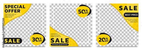 Sale frame set for ad and social media post. Square discount banner or poster design collection. Modern layout templates for web promotion and marketing. Vector illustration.